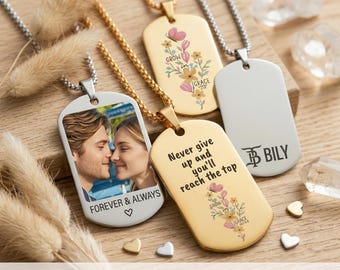 Custom Photo Dog Tag Necklace | Personalized Stainless Steel Picture Pendant | Engraved Portrait Jewelry Gift for Him Boyfriend Anniversary