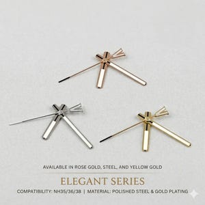 Puede incluir: Tres agujas de reloj en oro rosa, acero y oro amarillo. Las agujas forman parte de la serie Elegant y son compatibles con los movimientos de reloj NH35/36/38. El material es acero pulido y chapado en oro.