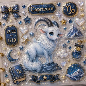 May include: A planner page with a Capricorn theme. It features a white goat illustration, stars, and a blue bow. The text includes "Capricorn" and dates 12/22-1/19. The planner has gold rings.