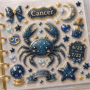 May include: A selection of Cancer-themed stickers, including a crab, stars, and a crescent moon. The stickers are in blue and gold, with a celestial design. Includes a label with the text "Cancer" and the dates 6/22 ~ 7/22.