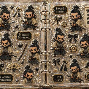 May include: A clear planner insert with multiple cartoon samurai illustrations. Text includes "Sword master", "Musashi Miyamoto", "The Greatest Swordsman", and "1594~1645". Decorative elements include bows, stars, and floral designs. The insert is designed for a planner.