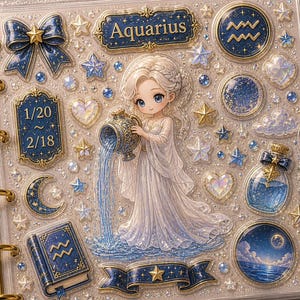 May include: A decorative planner with an Aquarius theme. The design features a detailed illustration of a woman pouring water, surrounded by stars, hearts, and the Aquarius symbol. The colour palette includes blues, golds, and whites.