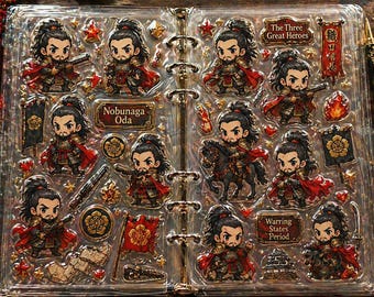 Hoja de pegatinas imprimibles de Kawaii Samurai Nobunaga | Pegatinas de epoxi hinchadas de guerrero japonés Chibi | Agenda dorada PNG