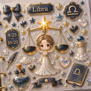 May include: A selection of Libra-themed stickers and embellishments. The design features a cartoon illustration of a woman holding scales, surrounded by stars, hearts, and the Libra symbol. The colour palette includes gold, navy blue, and clear accents.