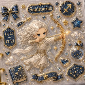 May include: A clear planner with gold rings, featuring Sagittarius-themed stickers. The stickers include a bow, stars, an archer, and the text "Sagittarius" and "11/23 ~ 12/21" in navy blue and gold.
