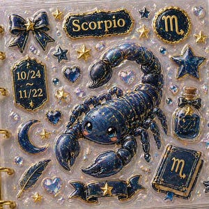 May include: A clear planner with gold rings and celestial stickers. The stickers feature a blue scorpion, stars, hearts, a bow, and the word "Scorpio". Dates 10/24 and 11/22 are also visible on a sticker.