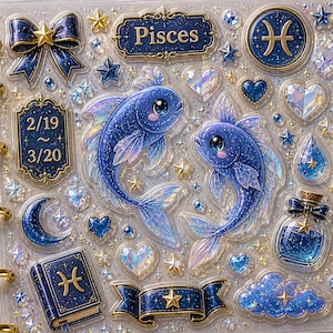 May include: A clear planner cover with gold rings, featuring blue and gold Pisces-themed stickers. The stickers include two blue fish, stars, hearts, a bow, a book, and the text "Pisces" and "2/19 ~ 3/20".