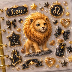 May include: A clear planner with gold accents and decorative stickers. The stickers include a lion, stars, bows, hearts, and the word "Leo". The dates 7/23 - 8/22 are also displayed. The planner has a gold binder.