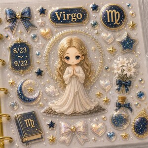 May include: A clear planner cover with gold rings and decorative stickers. The stickers feature a Virgo theme with a central illustration of a woman in a white dress, surrounded by stars, hearts, and bows. The text "Virgo" is visible.