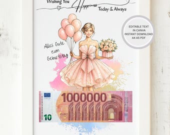 Watercolor Girl Birthday Money Gift | Editable Cash Card (A4 A5 PDF)
