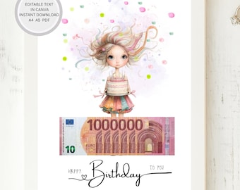 Bewerkbaar cadeau voor eerste miljoen verjaardag | Clipart meisjestaart (A4 A5 pdf)