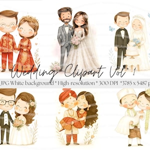 Pode incluir: Ilustrações em aquarela de casais em trajes de casamento. A imagem inclui vários estilos de casamento culturais, com casais em trajes tradicionais e vestidos modernos. O texto diz "Wedding Clipart Vol 1".