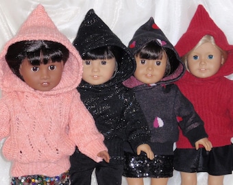 18 Inch Doll Assorted Sweater Knit Long Sleeved Hoodie, 18" Doll Clothes, Girl Doll Clothes, Boy Doll Clothes