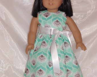 Muñeca de 18 pulgadas vestido sin mangas con estampado de algodón verde y gris, ropa de muñeca de 18", ropa de muñeca AG, ropa de muñeca de niña, vestido de encaje de ojal