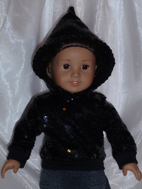18 Inch Doll Black Sequin Jersey Knit Long Sleeved Hoodie 