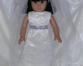 18 Inch Doll Wedding or First Communion Ivory Dress and Veil, AG Doll Dress, Girl Doll Clothes