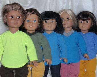 18 Inch Doll Asssorted Cotton Jersey V-Neck T-Shirts, 18" Doll Clothes, Girl Doll Clothes, Boy Doll Clothes