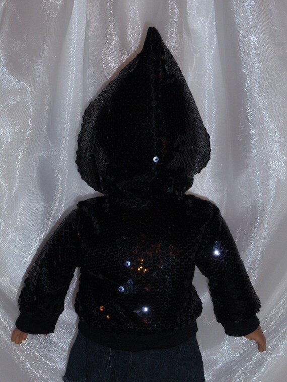 18 Inch Doll Black Sequin Jersey Knit Long Sleeved Hoodie, 18