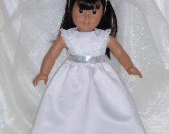 18 Inch Doll White Satin and Lace Wedding Dress and Veil, AG Doll Clothes, Girl Doll Clothes, 18" Doll Clothes, First Communion