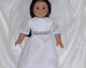 18 Inch Doll Wedding or First Communion Dress and Veil, AG Doll Dress, Girl Doll Clothes, Satin and Lace Doll Wedding Dress