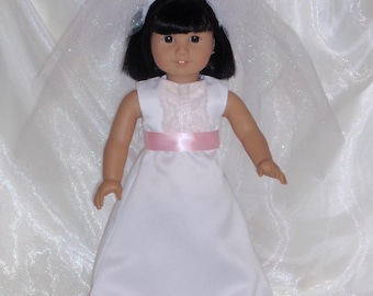 18 Inch Doll White Ribbons and Lace Wedding Dress and Veil, AG Doll Clothes, Girl Doll Clothes, 18" Doll Clothes