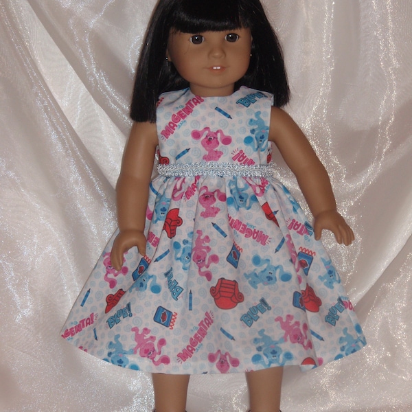 18 Inch Doll Blues Clues Cotton Print Sleeveless Dress, 18" Doll Clothes, AG Doll Clothes, Girl Doll Clothes, Eyelet Lace Dress