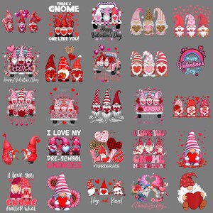 May include: A selection of Valentine's Day gnome designs. The images show gnomes holding hearts, surrounded by flowers, and text such as "Happy Valentine's Day" and "I Love You." The designs use red, pink, and white.