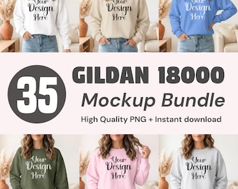 Conjunto de maquetas de sudadera Gildan 18000 (35 unidades), conjunto de maquetas de cuello redondo G180, maquetas Gildan 18000 para otoño e invierno, conjunto de maquetas informales Gildan 18000