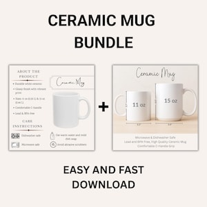 Pode incluir: Um conjunto de canecas de cerâmica brancas com duas canecas, uma de 11 oz e outra de 15 oz. A imagem inclui o texto "Ceramic Mug Bundle" e "Easy and Fast Download". As canecas podem ir à máquina de lavar louça e ao micro-ondas.