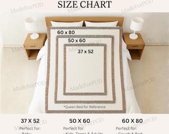 May include: Woven blanket size chart with three sizes: 37 x 52 inches, 50 x 60 inches, and 60 x 80 inches. The blankets are cream-colored with a fringed border. The chart indicates uses for each size, including baby, pets, and wall hanging.