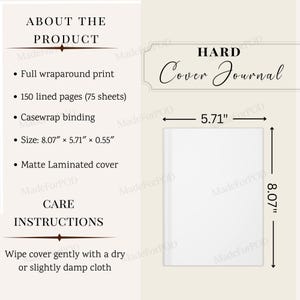 May include: A white hard cover journal, measuring 20.5 cm x 14.5 cm x 1.4 cm. It has a full wraparound print, 150 lined pages, casewrap binding, and a matte laminated cover. The care instructions recommend wiping the cover with a dry or slightly damp cloth.