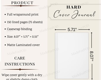 Hard Cover Journal Size Chart, Hard Cover Notebook Mockup, Hard Journal Care Card, Printify Notebook Mockup, Printify Seller Mockups