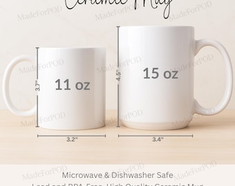 Tasse Mockup, 325 ml & 15 Unze. Tassen-Diagramm, Kaffeebecher-Mockup-Leitfaden für POD, Printify Weißbecher-Größentabelle