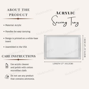 Puede incluir: Bandeja de servicio acrílica transparente con asas, que mide 43,2 cm de largo y 27,9 cm de ancho. La bandeja está hecha de acrílico y tiene una base blanca. El texto "Acrylic Serving Tray" se muestra en la imagen.