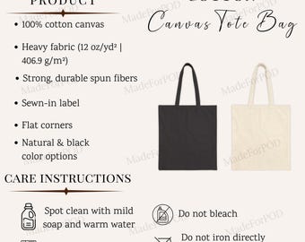 May include: Two cotton canvas tote bags, one black and one natural. The bags are made from heavy fabric and have flat corners. The image includes care instructions: spot clean with mild soap and warm water, do not bleach, do not tumble dry, and do not iron directly over the printed area.