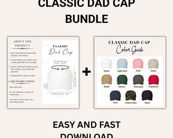 Classic Dad Cap Chart Bundle, Dad Cap Size Guide, Baseball Hat Care Card, Printify Dad Cap Color Mockup, Dad Cap mockup for POD Seller