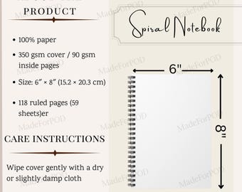 Spiral Notebook Size Chart, Spiral Notebook Mockup, Spiral Journal Care Card, Printify Notebook Mockup