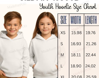 Size Chart Mockup Gildan 18500b Youth Hoodie, Style 18500 Kids Hooded Sweatshirt Sizes Guide, Gildan Sizing Template, G185B Measurements
