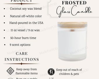 Carte d'entretien des bougies en verre dépoli, Guide des tailles de bougies en verre 11°, Détails du produit sur les bougies à la cire de soja, Liste des maquettes pour les vendeurs de POD