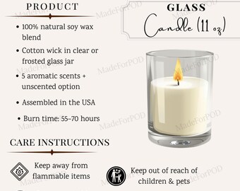 Glass Candle Care Card, 11o Candle Info Sheet Mockup, Printify Soy Wax Candle Product Details, Listing Mockups For Sellers