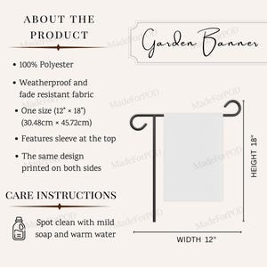 May include: A white garden banner, 12 inches wide and 18 inches high, displayed on a black metal stand. The banner is made of 100% polyester and features a sleeve at the top. The text "Garden Banner" is displayed on the image.