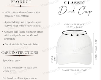 Classic Dad Cap Size Chart, Dad Cap Size Guide, Baseball Hat Care Card, Printify Dad Cap, Dad Hat Mockup, Dad Cap mockup for POD Seller