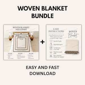 Op de afbeelding: Een bundel geweven dekens met maattabellen en wasvoorschriften. De maattabel toont afmetingen van 94 x 132 cm, 127 x 152 cm en 152 x 203 cm. De wasvoorschriften omvatten een fijne was en drogen op lage temperatuur.