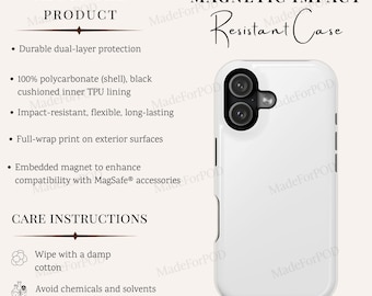 May include: A white phone case with a black camera cutout and the text "MAGNETIC IMPACT Resistant Case." The case has a dual-layer design and is impact-resistant. The case is compatible with MagSafe accessories.