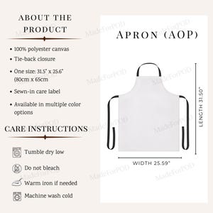 May include: White apron with black straps, measuring 31.5 inches in length and 25.59 inches in width. The apron is made of 100% polyester canvas and features a tie-back closure. Care instructions include tumble dry low and machine wash cold.