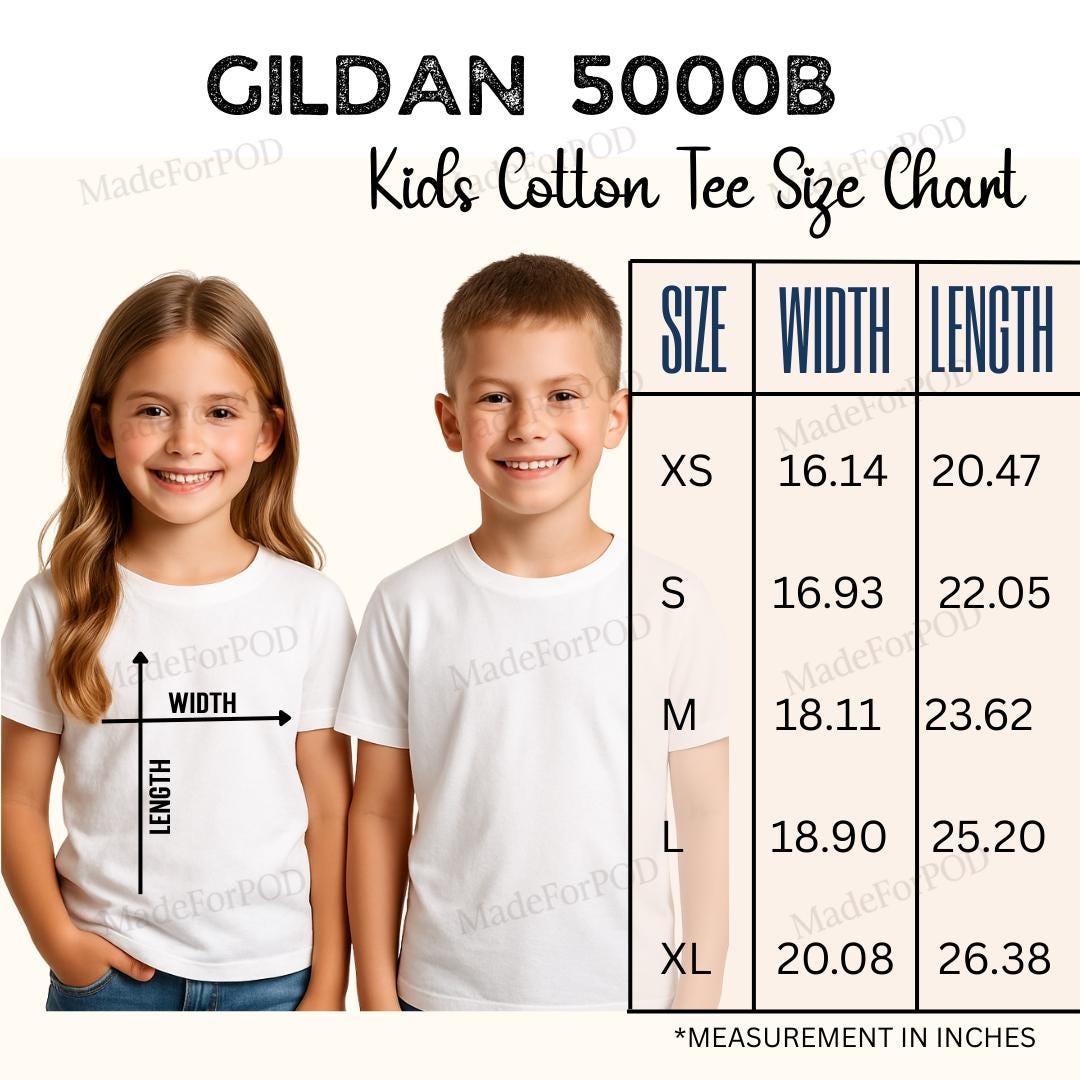 Gildan 5000B Youth T-shirt Size Chart Mockup, Kids Unisex Shirt Size ...