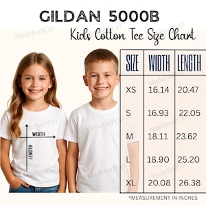May include: A size chart for Gildan 5000B kids' cotton tees, with measurements in inches. The chart includes sizes XS to XL, with width and length dimensions. Two children are shown wearing white t-shirts.