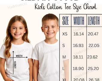 Maqueta de la tabla de tallas de la camiseta juvenil Gildan 5000B, guía de tallas de camisetas unisex para niños, guía de tallas de camisetas unisex para jóvenes, maqueta de vendedor de POD