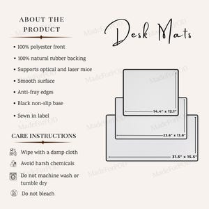 Può includere: Immagine di tre tappetini per scrivania di diverse dimensioni: 36,6 cm x 30,7 cm, 59,9 cm x 35,1 cm e 80 cm x 39,4 cm. I tappetini hanno un fronte in 100% poliestere e un retro in gomma naturale. Sono incluse anche le istruzioni per la cura.