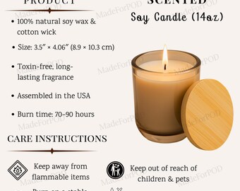 Scented Soy Candle Care Card, 11o Candle Info Sheet Mockup, Printify Soy Wax Candle Product Details, Listing Mockups For Sellers